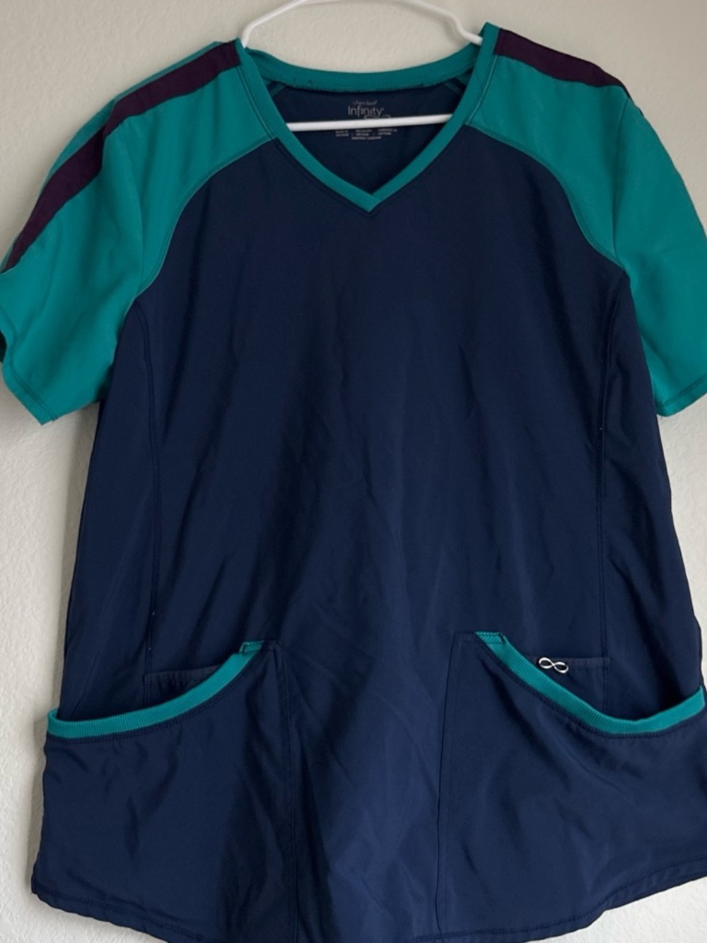 Cherokee Navy with Teal & Purple Accent Short Sleeve Scrub Top